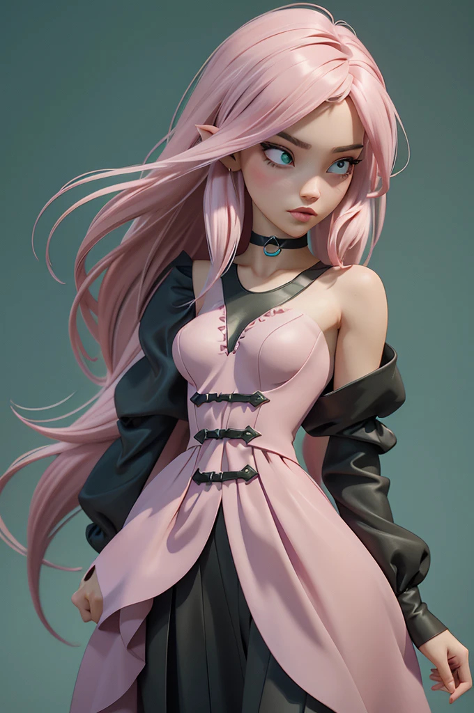 A beautifully designed 3d digital avatar of a young woman with an alternative gothic style. The character has dark, flowing hair with soft pink highlights, wearing a subtle choker and a stylish outfit that mixes dark tones with aqua green accents. The background is a gradient from black to soft pink with hints of green, giving it a mysterious yet inviting vibe. The avatar should exude creativity and elegance, perfectly representing a digital artist with a love for aesthetics