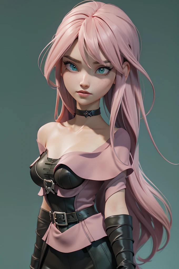 A beautifully designed 3d digital avatar of a young woman with an alternative gothic style. The character has dark, flowing hair with soft pink highlights, wearing a subtle choker and a stylish outfit that mixes dark tones with aqua green accents. The background is a gradient from black to soft pink with hints of green, giving it a mysterious yet inviting vibe. The avatar should exude creativity and elegance, perfectly representing a digital artist with a love for aesthetics