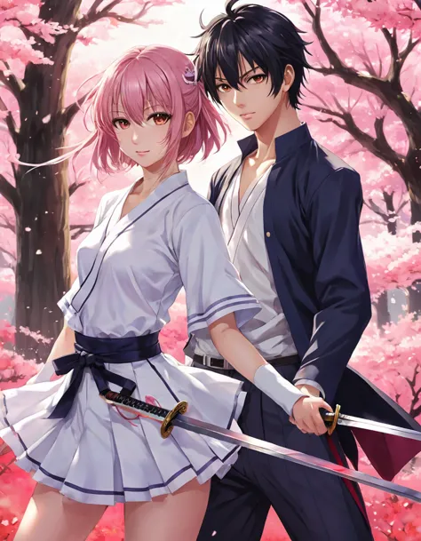 anime couple with sword and clothes in the wind, yandere, by kanamoto village, yandere. takao, gapmoe yandere, zerochan art, shi...