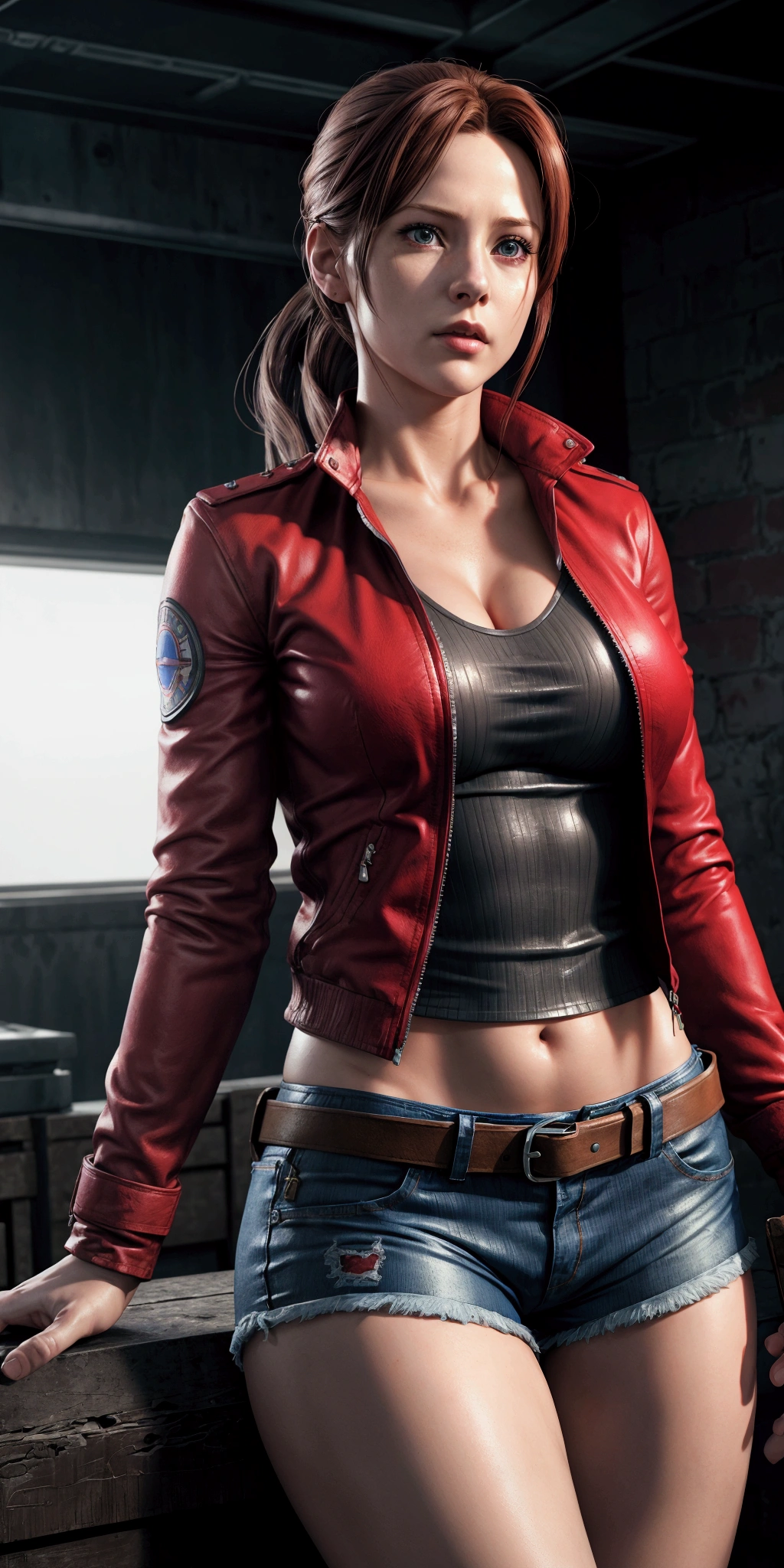 claire redfield, sexy pose, medium size breasts, blue shorts, tight top, red jacket, military belts and straps, realistic skin, ulltra realistic art, feminine body, 