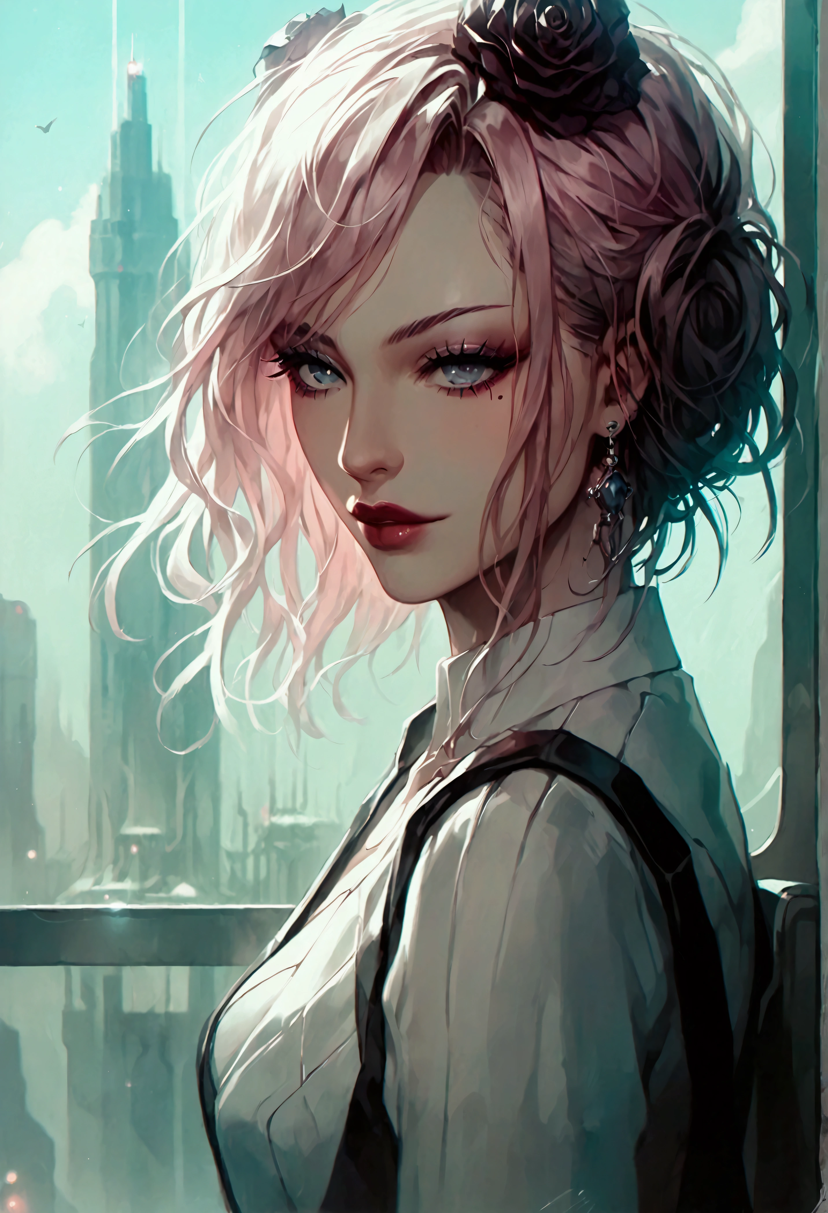 (1girl:1.3), solo, __body parts__ delicate and realistic skin, pale skin, big, official art, unified 16k wallpaper, ultra detail, beauty and aesthetics, beauty, masterpiece, best quality, in cyberpunk city, fantastic atmosphere, calm color palette, peaceful mood, soft shadows, flight attendant uniform, glamour