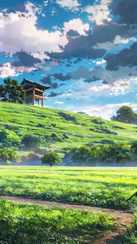 beautiful scenery, grass field, shrine from a distance, beautiful cloudy sky