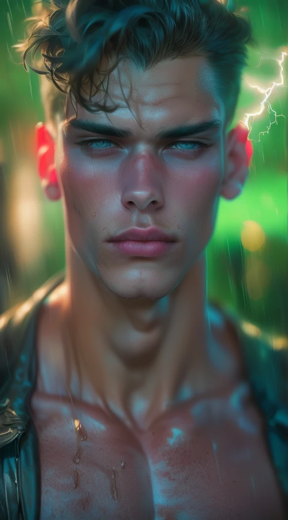 realist:1.3,( fotorrealist, 8k, RAW Photos, Premium quality, masterpiece, epic lighting. close up, Centered image), (foreground),((1 beautiful man, self-confident, well-formed muscles, post-apocalyptic, guerrero, Perfectly detailed face and body, (foreground), rainy scene, poor lighting due to rain, face and body wet from the rain,lightning lighting, dynamic pose, beautiful and detailed hair, Leather Clothes))