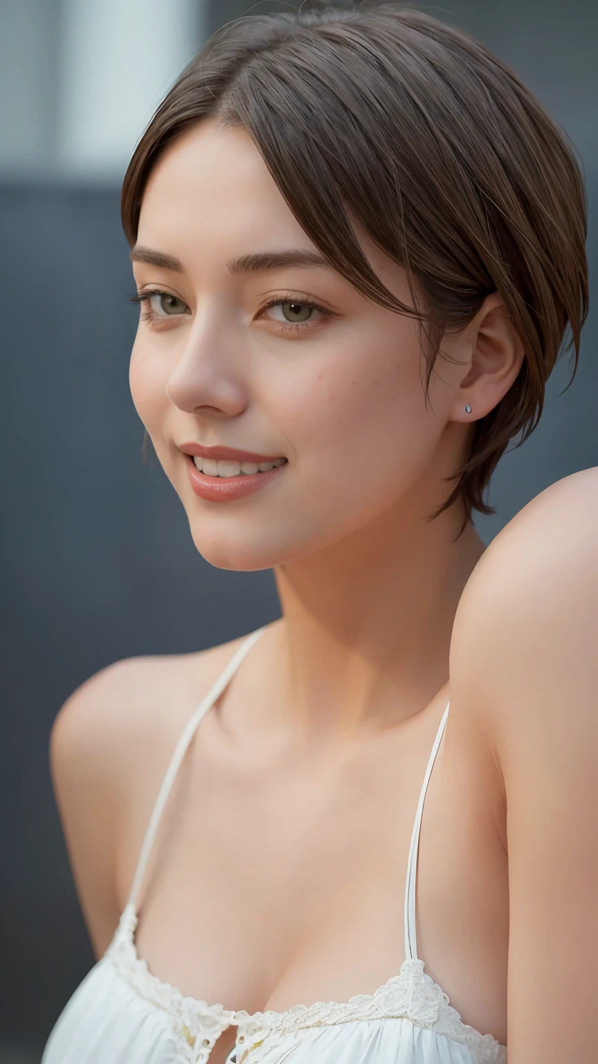 (8K, highest quality, masterpiece:1.2), (realistic, realistic:1.3), Super detailed, ((1 girl)), cute, alone, (smile), (closed mouth), big, beautiful and fine eyes, (short hair: 1.2), bob hair, (Upper body), front, very delicate and beautiful, wonderful, small details, masterpiece, Super detailed, High resolution, best shadows, blue tops, See who is watching