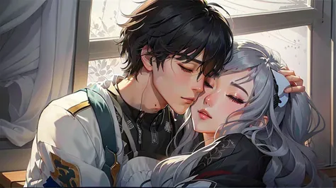 anime couple hugging each other in front of the window, high quality fanart, manhwa, couple pose, work in guweiz style, kawaii r...