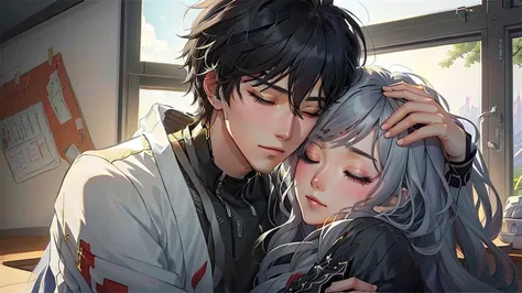 anime couple hugging each other in front of the window, high quality fanart, manhwa, couple pose, work in guweiz style, kawaii r...