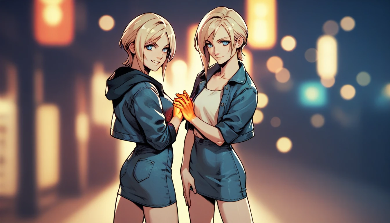 score_9, score_8_up, score_7_up, score_6_up, score_5_up, score_4_up aya brea, smiling, blue eyes, short blonde hair, (((tight short dress, black, with square neckline))), blue denim jacket, bokeh, fire on hands
