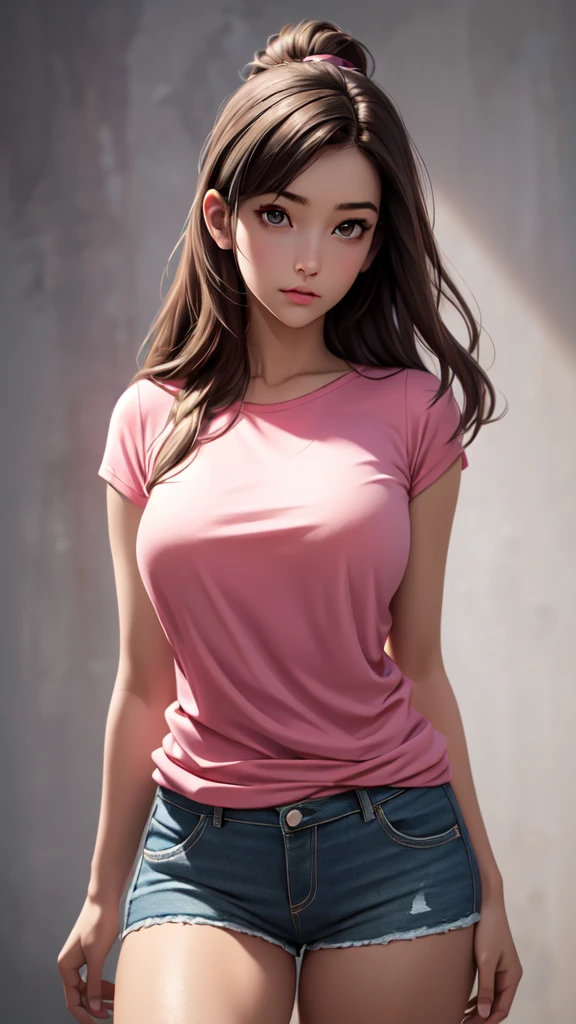 (ultra realistic,32K,raw photo:1.1),(very detailed skin:1.1), 8k hd, DSLR, high quality, film grain, (bright and shiny translucent clothing:1.1), 1 girl,Brown hair, by the wide, Horse tail (green eyes:0.9), Pink shirt, denim shorts, medium chest , (Upper part of the body:1.2),
 (busty:1.1) ,  (chubby:0.1),(volumetric lighting:1.2), dark theme blank background