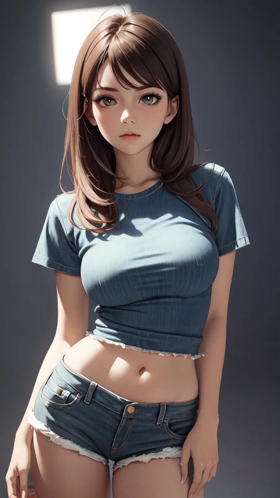 (ultra realistic,32K,raw photo:1.1),(very detailed skin:1.1), 8k hd, DSLR, high quality, film grain, (bright and shiny translucent clothing:1.1), 1 girl,Brown hair, by the wide, Horse tail (green eyes:0.9), Pink shirt, denim shorts, medium chest , (Upper part of the body:1.2),
 (busty:1.1) ,  (chubby:0.1),(volumetric lighting:1.2), dark theme blank background