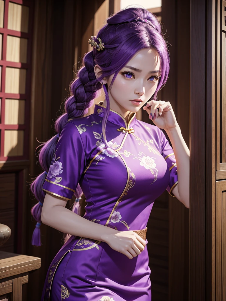 Beautiful Caucasian woman. Fitness body. Big round breasts. Just a woman. Alone. Western woman. Long hair with 1 braid. Purple hair. Bright purple eyes. Woman cosplaying as a kung fu fighter. She is wearing a traditional Chinese cheongsan dress in purple with a dragon print on the front. She is in a Chinese temple. The woman has a facial expression. Dynamic lighting. Dynamic shadows. High resolution.