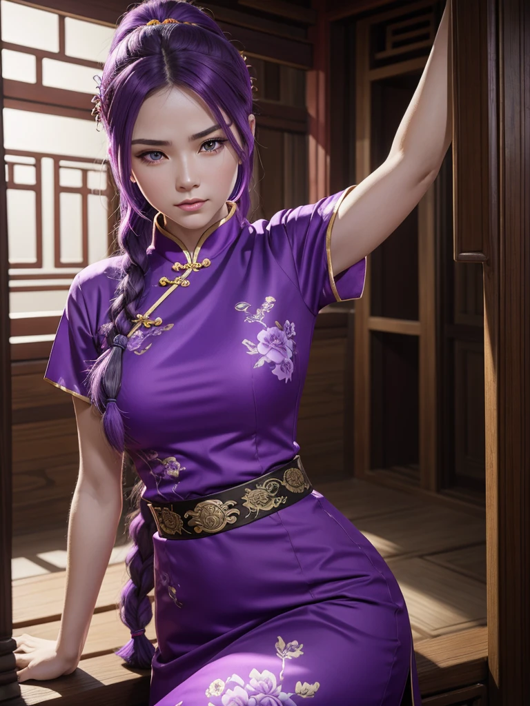 Beautiful Caucasian woman. Fitness body. Big round breasts. Just a woman. Alone. Western woman. Long hair with 1 braid. Purple hair. Bright purple eyes. Woman cosplaying as a kung fu fighter. She is wearing a traditional Chinese cheongsan dress in purple with a dragon print on the front. She is in a Chinese temple. The woman has a facial expression. Dynamic lighting. Dynamic shadows. High resolution.