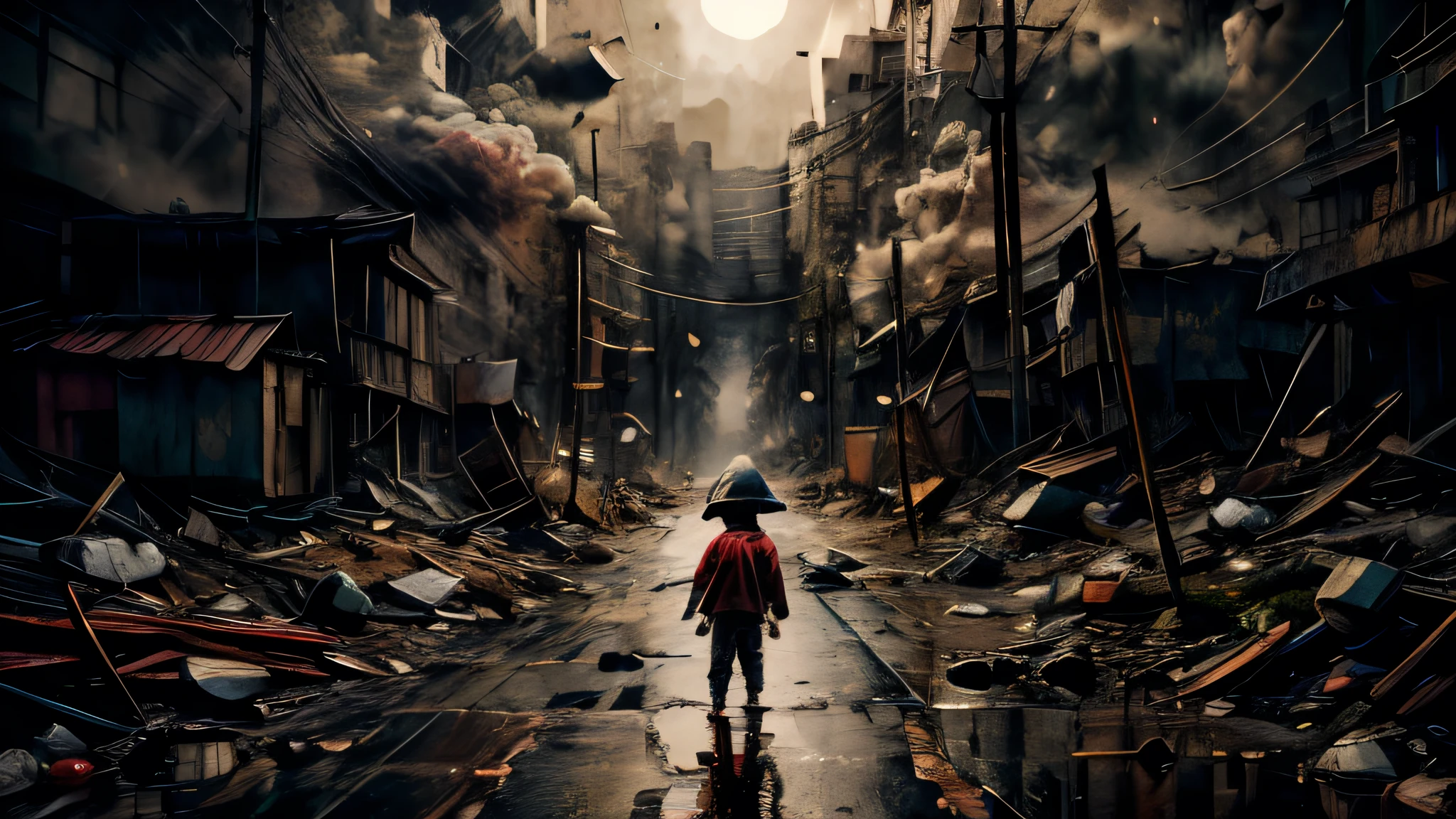 a dilapidated abandoned child at night, rain pouring down, wet roads, dark sky, smoke and dirt, atmospheric lighting, cinematic mood, dramatic shadows, gritty realism, award winning composition, hyper detailed, intricate details, photographic quality, professional photography, masterpiece, so sad picture