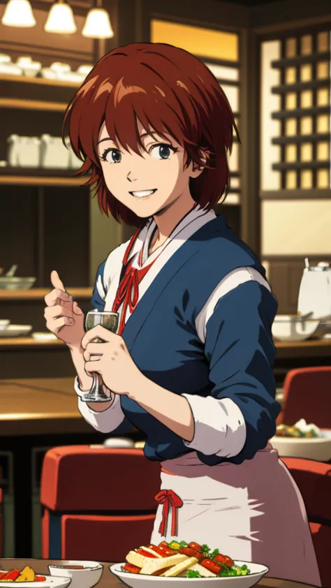 mana kirishima, smiling, in a restaurant.