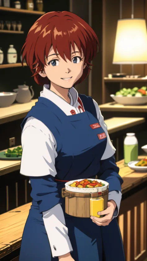 mana kirishima, smiling, in a restaurant.