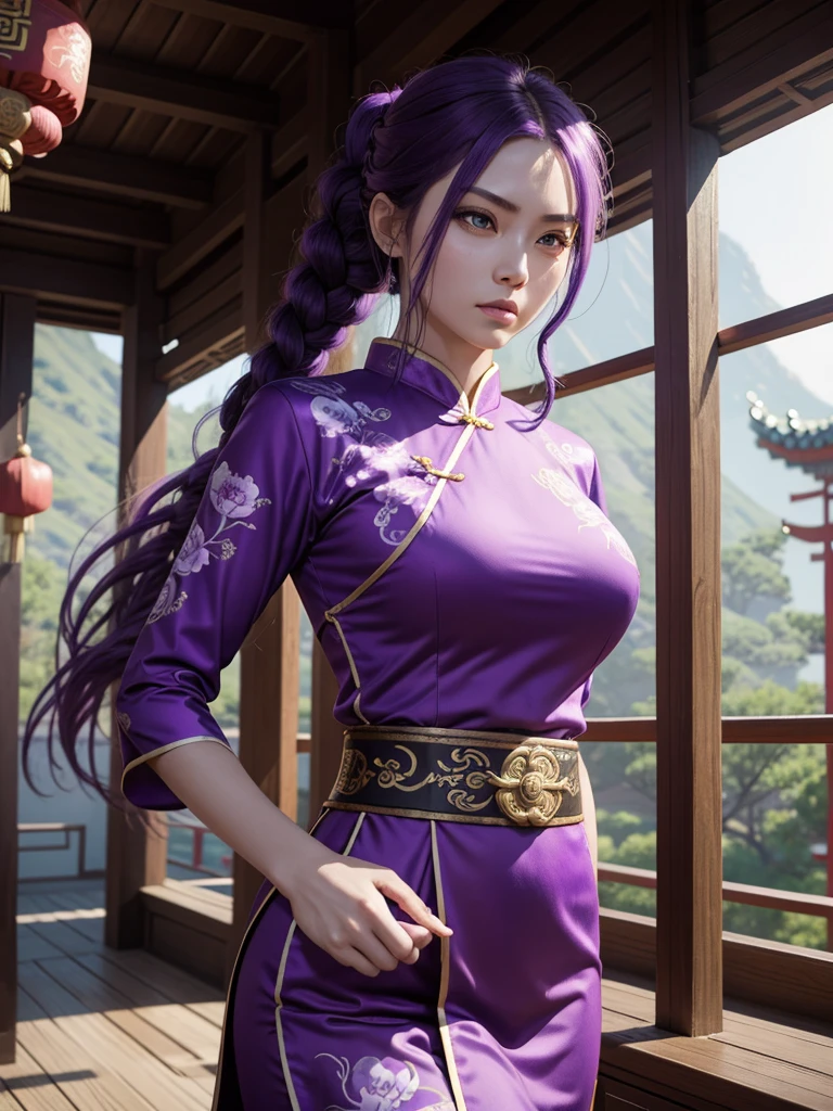 Beautiful Caucasian woman. Fitness body. Big round breasts. Just a woman. Alone. Western woman. Long hair with 1 braid. Purple hair. Bright purple eyes. Woman cosplaying as a kung fu fighter. She is wearing a traditional Chinese cheongsan dress in purple with a dragon print on the front. She is in a Chinese temple. The woman has a facial expression. Dynamic lighting. Dynamic shadows. High resolution.