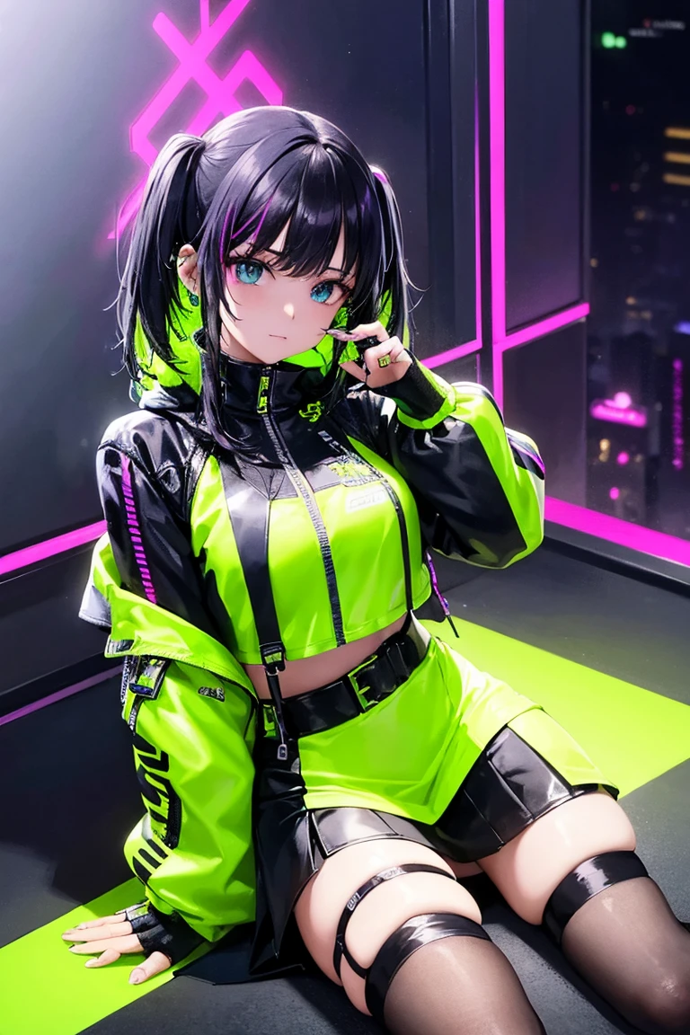 A girl in a neon yellow jacket and black skirt is taking a photo, cyberpunk 2077 jacket, cyber future jacket, Bright Cyberpunk Glow, egirl, e - girl, Cyberpunk anime in hoodie, wearing Cyberpunk Streetwear, Cyberpunk anime, Cyberpunk Streetwear, Portrait Anime Astronaut Girl, Photos of women in techwear, Neon Cyberpunk Style