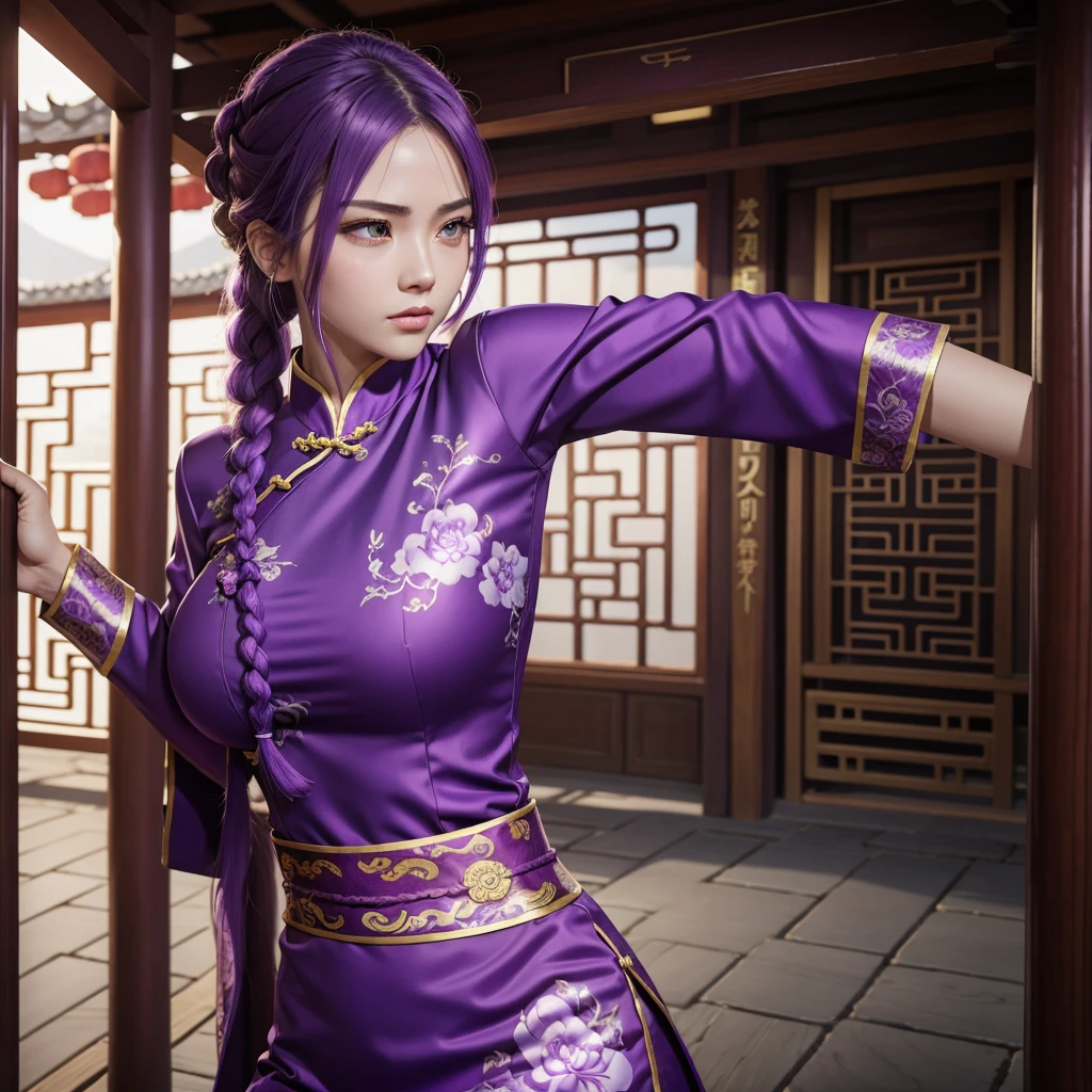 Beautiful Caucasian woman. Fitness body. Big round breasts. Just a woman. Alone. Western woman. Long hair with 1 braid. Purple hair. Bright purple eyes. Woman cosplaying as a kung fu fighter. She is wearing a traditional Chinese cheongsan dress in purple with a dragon print on the front. She is in a Chinese temple. The woman has a facial expression. Dynamic lighting. Dynamic shadows. High resolution.