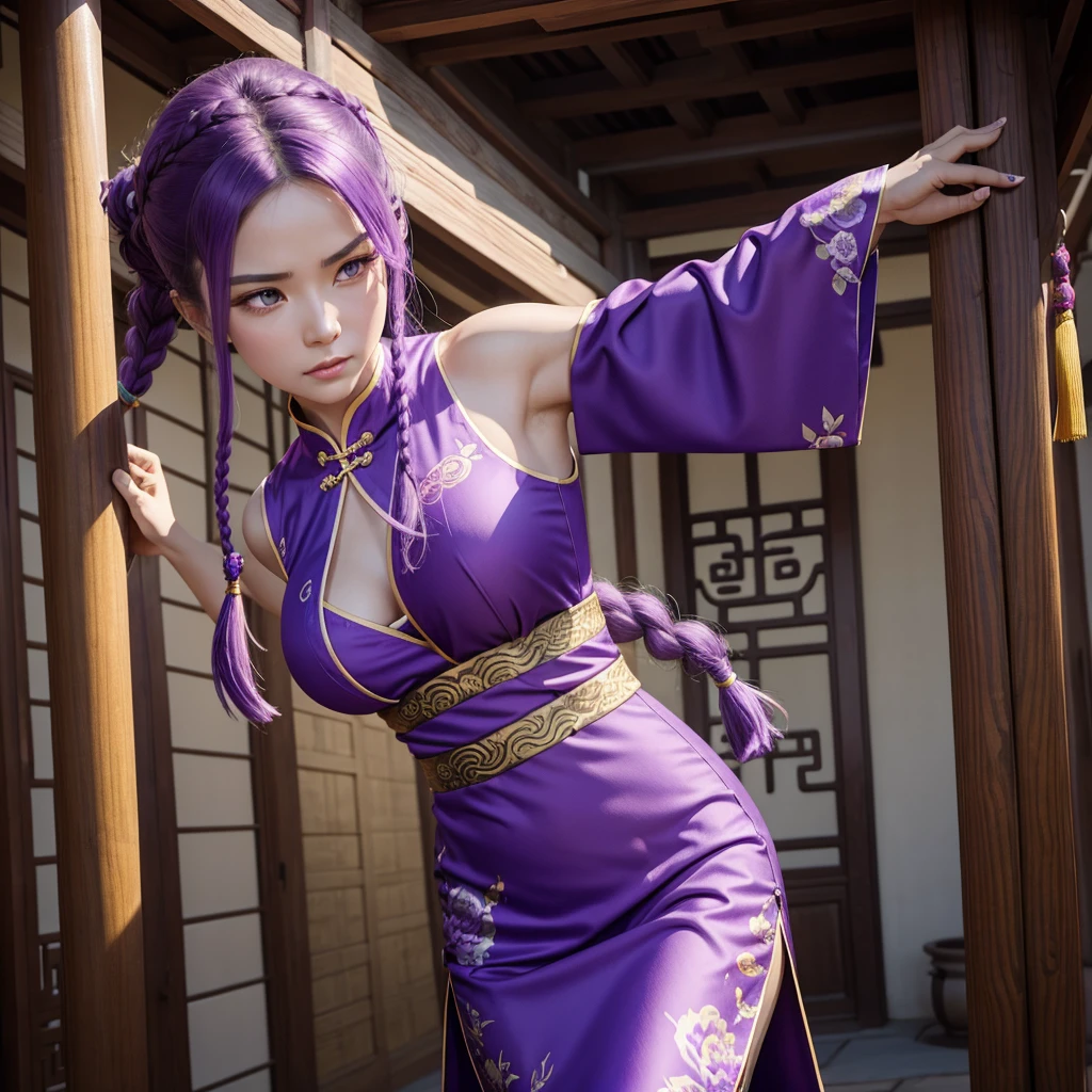 Beautiful Caucasian woman. Fit body. Big round breasts. Just one woman. Alone. Western woman. Long hair with 1 braid. Purple hair. Bright purple eyes. Woman cosplaying as a kung fu fighter. She is wearing a traditional Chinese cheongsan dress in purple with a dragon print on the front. She is in a Chinese temple. The woman has a serious expression. Dynamic light. Dynamic shadows. High resolution.