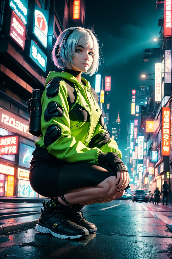 A young girl in realistic portrait of high quality and detail, movie style, Anby Demara (Zenless Zone Zero), She has short silver hair and light brown eyes. She wears a black skirt and a green suit, long black knee socks, green sneakers and black panties, pale skin, european girl, medium breast, futuristic style, cyberpunk style, happy look, glow, eye shadow, 1girl, Depth & Perspective, smiling face, fine face, She's standing in the cyberpunk street, outdoors, skyscrapers in a modern style in the background, daylight, clouds, blue sky, looking at viewer, (ultra-high detail:1.2), Masterpiece, Best Quality, Ultra-detailed, Cinematic lighting, 8K, delicate features, cinematic, 35 mm lens, f/1.9, highlight lighting, global lighting –uplight –v 4, cinematic, Cinematic lighting, 8K, high quality, Highest Quality, (Solo Focus), (extremly intricate:1.3), (Realistic), masterful, Analog style, (Film grain:1.5), (cold tone),