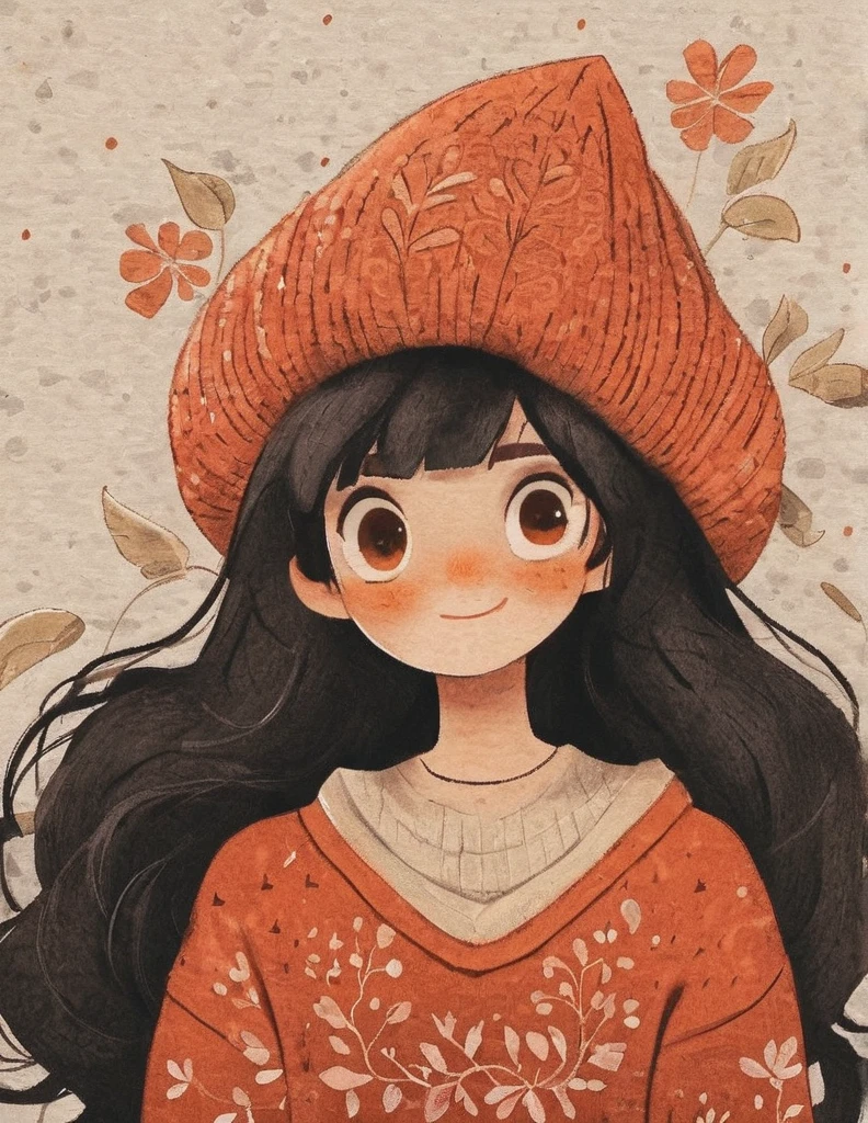 nelli_artstyle, 1girl, solo, leaf, long hair, black hair, flower, upper body, looking at viewer, bangs, blush, sweater, long sleeves, black eyes, red flower, plant, no nose, floating hair, shirt, orange flower, pink sweater, com chapeu pontudo e detalhes brilhantes magia 