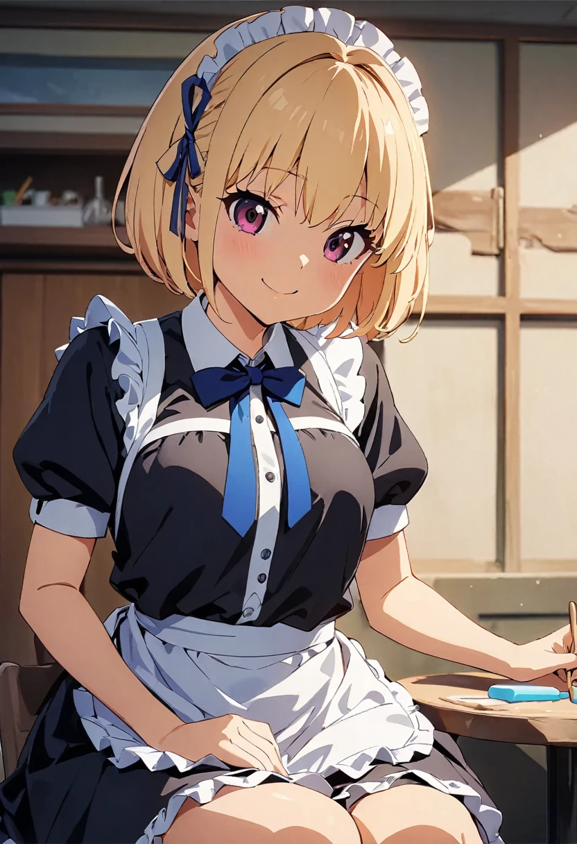 (Highest quality:1.2, 4K, 8k, Studio Anime, Very detailed, up to date, Vibrant, Attention to detail, High Contrast, masterpiece:1.2, Highest quality, Best aesthetics), (((1 girl))), Sitting, maid, maid服, Blue Ribbon, Frills, Lick:1.2, smile, Popsicles, 舌を出してLick, Cute people, Get closer, Friendly atmosphere, Fun and youthful々Shii々Cool vibe, Accuracy and concentration, Striking contrast,