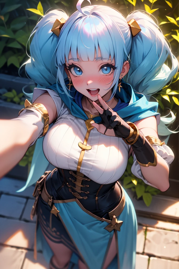 (master piece, best quality, high resolution, ultra detailed, digital art, game CG, extremely detailed CG, 8k, official art, super detailed skin, beautiful detailed face, beautiful detailed eyes, perfect anatomy, perfect hands, perfect fingers:1.3), (1woman, face focus, close up face, face macro, looking up, from above), depth of field, dramatic lighting, cinematic lighting,  (1woman is cure_sky_hirogaruskyprecure), sunny place, (in the garden:1.3), beautiful woman, white wing head dress, hair wing ornament, bow, (yellow bracelet, white fingerless gloves:1.25), (big blue bright eyes, gentle eyes, upward glance, puppy dog face, bright eyelashes), (twintails, light blue hair, very long hair, gradient hair, ahoge, blunt bangs:1.2), (pink hair), corset dress, white sleeveless sweater, blue skirt, (puffy detached sleeves), (oneside blue cape with red lining:1.25), shiny face, joy, happy smile, (one blue earring, single earring), (peace sign, selfie:1.1), narrow waist, gleaming skin, make up, eyeshadow, blush, open mouth, on the terrace, summer, beautiful appearance, emphasizing gal