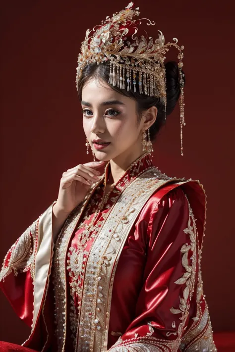 high resolution, a girl wearing tiara in a bun wearing a red and gold dress, ultraclear, flawless and delicate face, truly delic...