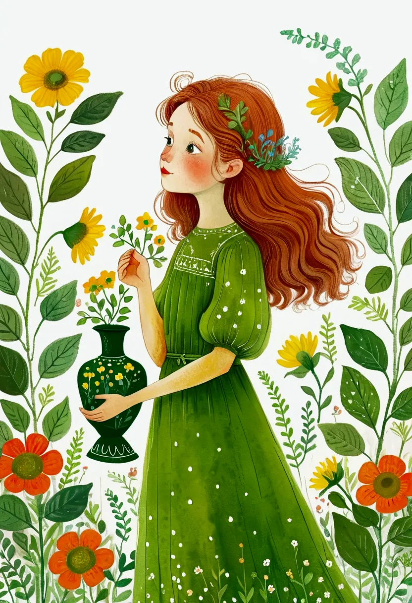 illustration of a girl with a green dress and a green vase, a painting inspired by elsa beskow, tumblr, childish art, mixed medi...