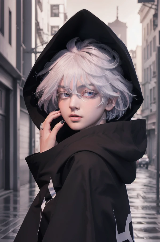 (extremely detailed CG unity 8k wallpaper), (masterpiece), (best quality), (ultra-detailed), (best illustration), (best shadow), (absurdres),  senju, solo, looking at viewer, black nails, 1girl, hood, short hair, upper body, hair between eyes, white hair, hood down, blurry, parted lips, pink eyes, hand up