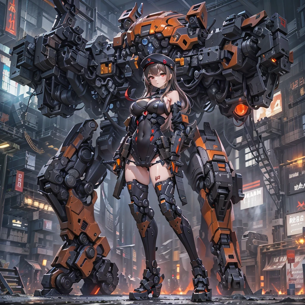 high resolution、Detailed drawing、Beautiful background、NOD、Lapi、cute、sexy、Black Beret、(Brown Hair、semi-long、Straight Hair)、(Black leotard、High-leg cleavage、Sideboob、One Girl)、(hk416、rifle、Gun of the Future)、Strengthen the outer frame、Medium sized breasts、Android、Mechanical Body、(Futuristic sci-fi background、A giant red and black combat robot in the background)、Cool Beauty、Red glowing eyes、Sideboob、Kneel on the ground