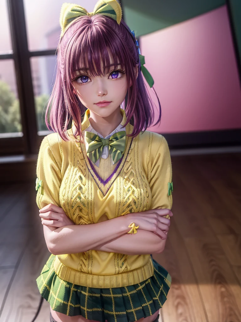 Momodebilke, Deviluke Type, demon tail, Hair Flower, hair ornaments, (Purple eyes:1.1), Pink Hair, short hair, tail, smile,
break demon tail, green skirt, Plaid, Plaid skirt, Sainan High School uniform, , skirt, Sweater vest, Knee socks, (Yellow Sweater:1.5), Short sleeve, bow, (green bow:1.5),
break indoors, classroom,
break looking at viewer, (Cowboy Shot:1.5),
break (masterpiece:1.2), Highest quality, High resolution, unity 8k wallpaper, (figure:0.8), (beautiful detailed eyes:1.6), extremely detailed face, Perfect lighting, extremely detailed CG, (Perfect hands, Perfect Anatomy),