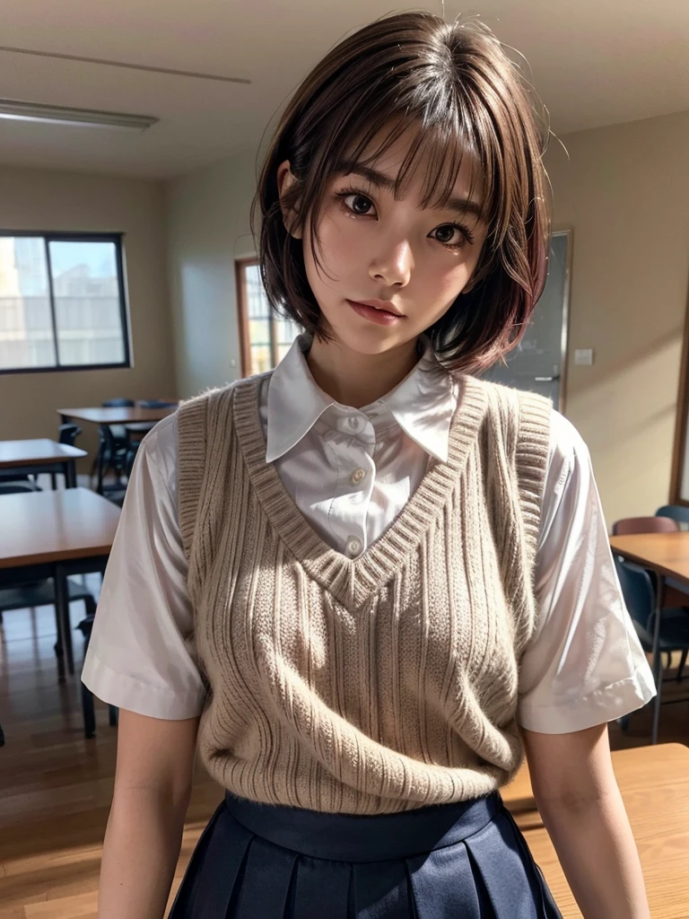 Masterpiece, Top Quality, Top Mikoto, brown eyes, short hair, small breasts, looking at viewer, alone, closed mouth, collared shirt, beige knit vest, dark blue  Skirt, school_uniform, shirt, white_shirt, classroom,Masterpiece, highest quality, 8K, detailed skin texture, fine cloth texture, beautiful detailed face, intricate details, super detailed,cute,cute posing,composition that shows the whole body, pink hair