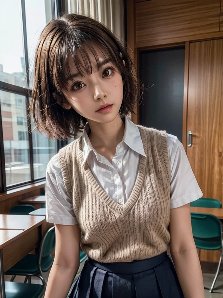 Masterpiece, Top Quality, Top Mikoto, brown eyes, short hair, small breasts, looking at viewer, alone, closed mouth, collared shirt, beige knit vest, dark blue  Skirt, school_uniform, shirt, white_shirt, classroom,Masterpiece, highest quality, 8K, detailed skin texture, fine cloth texture, beautiful detailed face, intricate details, super detailed,cute,cute posing,composition that shows the whole body, pink hair