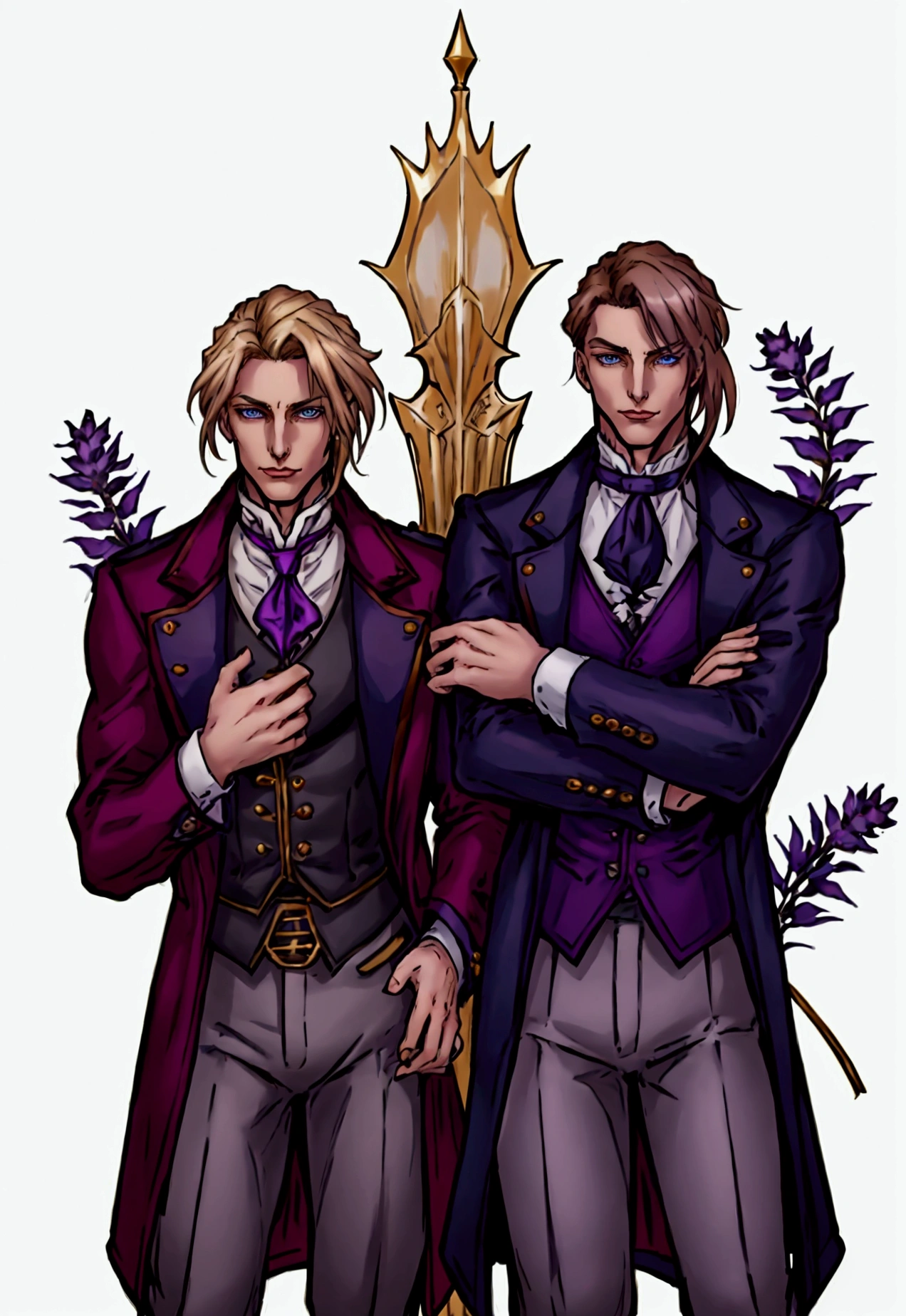 one man pale and a tall man, Appears to be 30-3. It's been a long time (to the waist) With light blond hair with a golden tint, Thin gray-blue eyes with dark purple eyeshadow and noticeably high cheekbones. His clothes are in Victorian style, old, Long dark burgundy jacket with lavender lining and gold pins on the folded cuffs. Under his jacket he has a purple vest over a white ruffled shirt, Wearing classic purple trousers, In dark blue knee-high boots and gloves of the same color.
