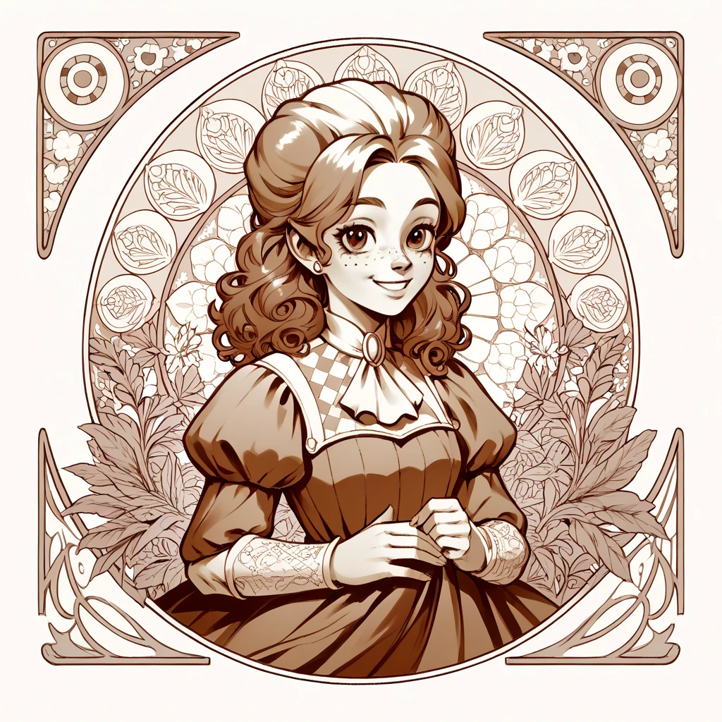 black and white, line art, art nouveau, frankelda, 1girl, solo, dress, puffy sleeves, freckles, cute smile, look at side, hands behind, half body view