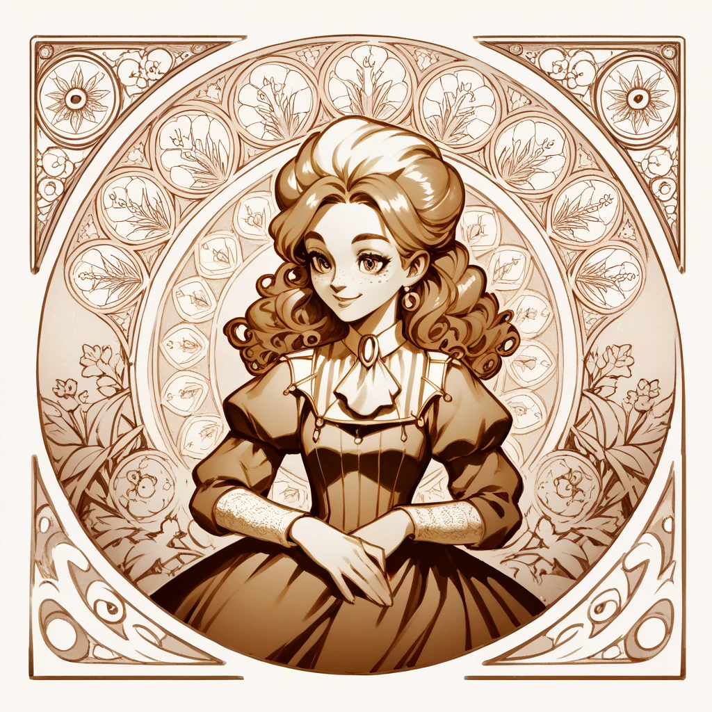 black and white, line art, coloring drawing, art nouveau, frankelda, 1girl, solo, dress, puffy sleeves, freckles, cute smile, look at side, hands behind, half body view