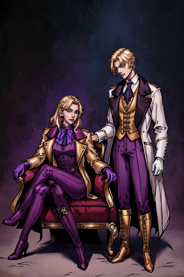 Pale and tall man, Appears to be 30-3. It's been a long time (to the waist) With light blond hair with a golden tint, Thin gray-blue eyes with dark purple eyeshadow and noticeably high cheekbones. His clothes are in Victorian style, old, Long dark burgundy jacket with lavender lining and gold pins on the folded cuffs. Under his jacket he has a purple vest over a white ruffled shirt, Wearing classic purple trousers, In dark blue knee-high boots and gloves of the same color. sits on a chair
