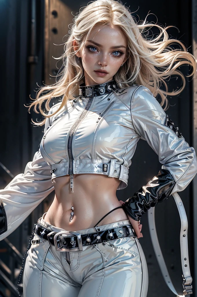 cowboy shot,a pretty 2 girl,blond hair,blue eyes,lora_Emma,slim athletic body,thin waist,punk,(shiny ultra glossy white latex crop top),(shiny ultra glossy white latex pants with multiple zippers),(((long navel piercing))),white studded collar,empty studio,((studded white belts)),((unzipped and open long studded black latex coat)),(best quality,4k,8k,highres,masterpiece:1.2),ultra-detailed,(realistic,photorealistic,photo-realistic:1.37),dramatic lighting,cinematic,fashion photography,studio lighting,high contrast,vivid colors,beautiful detailed eyes,beautiful detailed lips,extremely detailed eyes and face,long eyelashes, hair on one side, nakedflashing