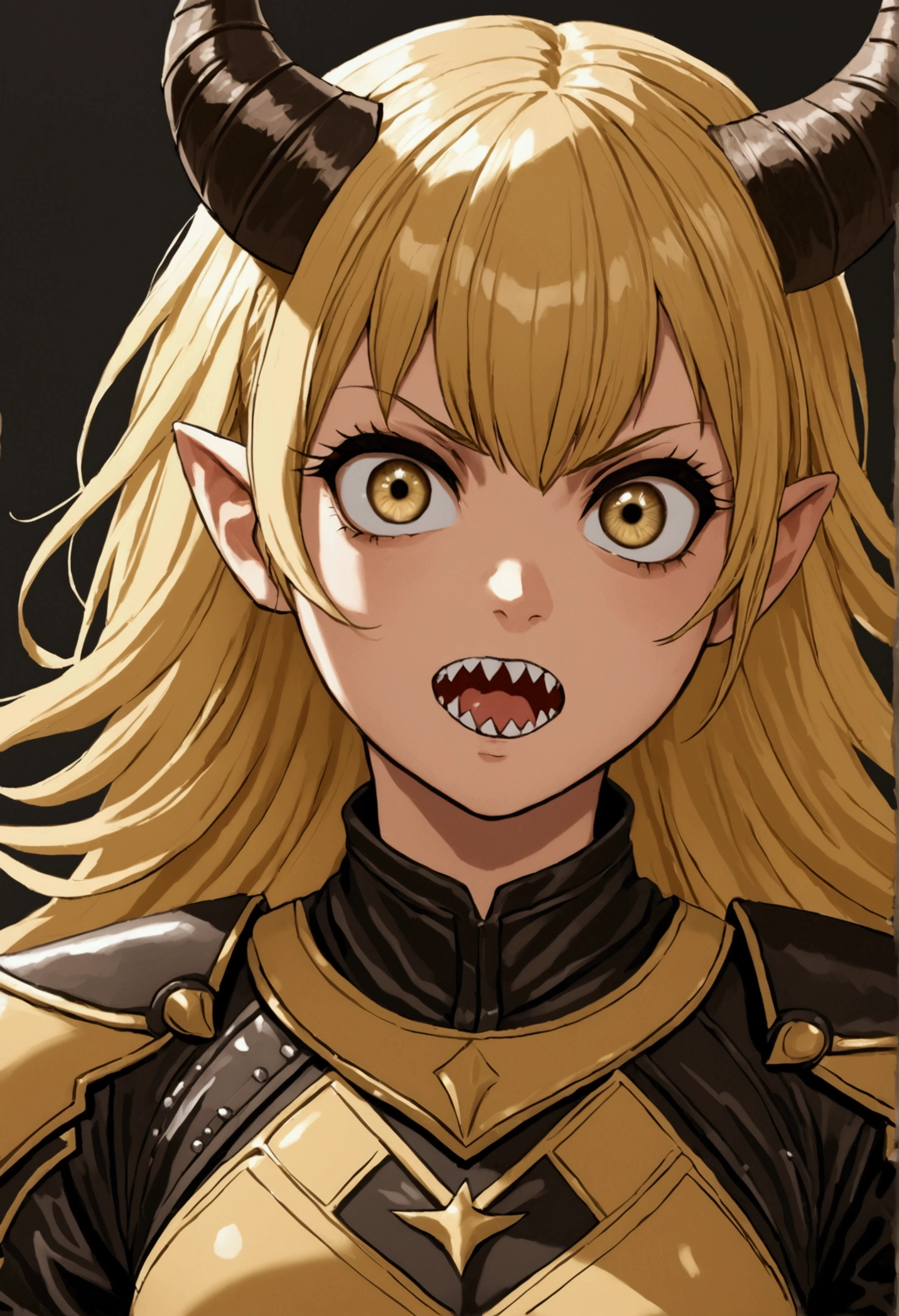 Girl with Yellowish blonde hair.  Has brown big eyes. Has a childish face. Has black gloves. Has sharp teeth. has 2 cream colored horns on her head. Has Tight leather battle clothing on