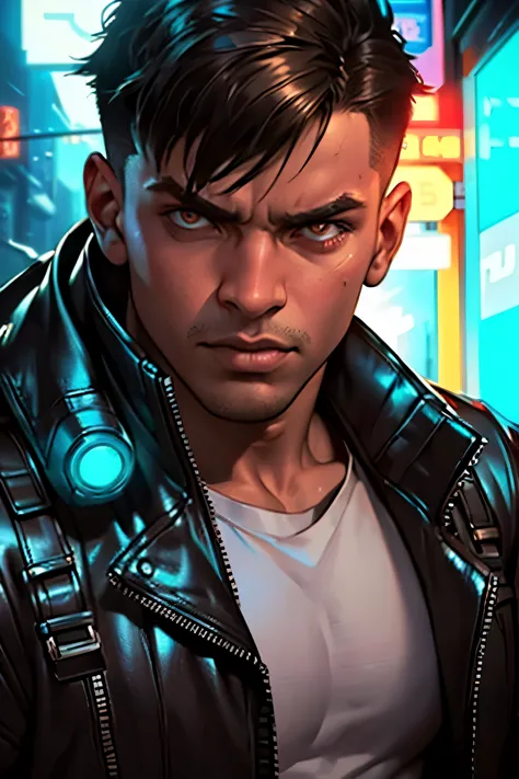 a cyberpunk style a young man wearing high-tech clothing, leather jacket, in a night scene with neon lights, highly detailed, ci...