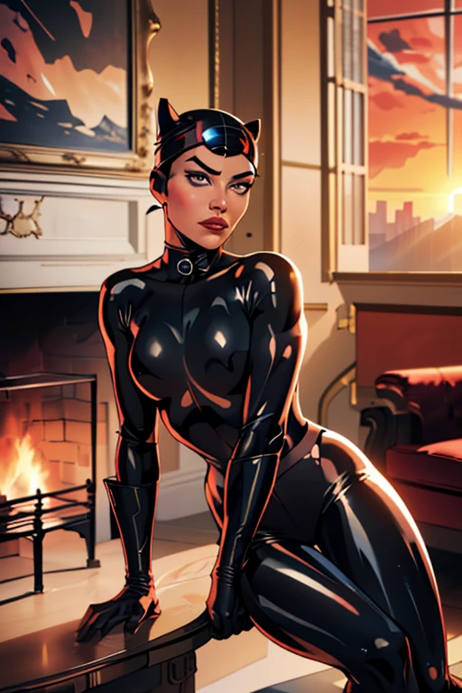 (masterpiece, best quality), female ageless, cat woman, angular, east asian, gray eyes, elongated ears, bulbous nose, cleft chin,   uneven forehead,  shapely neck,   , jet black curly haircut hair, interest wearing cropped pants, bodysuit,  turban headband,, sultry gaze, gazing with intense eyes, conveying passion and desire, sunrise lighting, the soft, gradual light of a sunrise, symbolizing new beginnings and hope, a cozy living room with a crackling fireplace and comfortable seating