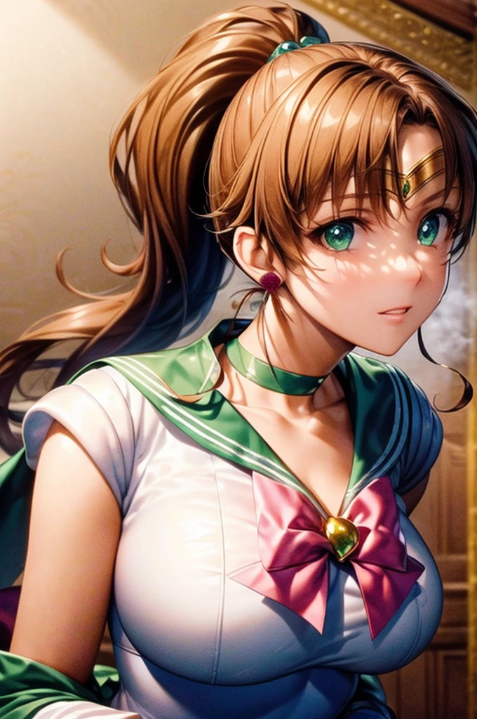 (masterpiece:1.2), best quality, high resolution, unity 8k wallpaper, (illustration:0.8), (beautiful detailed face:1.2, beautiful detailed eyes:1.2), perfect lighting, extremely detailed CG, (perfect hands, perfect anatomy), 

Cute, beautiful, charming lady, laughing,shiny hair, lustrous skin, beautiful light big eyes, 

big breasts, milf, married woman, soft With a gentle appearance and a gentle mother-like atmosphere,
A priestess, a beautiful and innocent priestess, wearing a priestess dress, pure white and divine priestess clothes,

jupiter_a, tiara, sailor senshi uniform, green skirt, green sailor collar, pink bow, knee boots, green choker, white elbow gloves, jewelry, earrings,