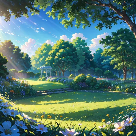 white soft clouds floating in the blue sky，warm color reflecting the sunlight，above the garden is a lush green pasture, the scen...