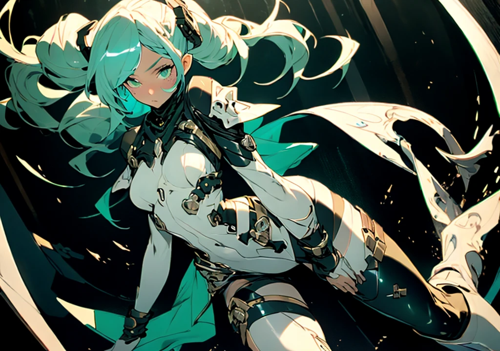 (masterpiece, top quality, best quality, official art, beautiful and aesthetic:1.2), full body view, looking at viewer, ((fisheye photo)), detailed background, vibrant background, cyberpunk blurry background, depth of field, chaotic, wide angle view, gun in hand, armed, shooting, 

Beautiful young girl, pretty, pale, white hair, seaweed green inner, dense hair, two long flowing ponytails, bangs, detailed hair, detailed eyes, perfect eyes, sea green eyes, glowing eyes, sweaty, shiny skin, detailed skin, slightly flushed cheeks, full lips, slightly parted lips, sexy lips, kind,
Tall, lean, fit, curvy, athletic, cyborg, mechanical parts, thick thighs, big breasts, hardnipples outline, nipple protrusion through clothes, cold nipple, Ecchi, young sexy cyborg Lolita girl, detailed legs, perfect legs, detailed arms, perfect arms, detailed hands, 

Cyberpunk outfit, (color:(white, black, blue, green, bronze)), tight fitting outfit, tight fitting bodysuit, light armour, skin indentation, covered breast, bare midriff, bare waist, navel, tiny healed scars, toned, translucent parts, dark thigh high, high heels, boots, transparent veiled mouth, transparent pelvic curtain, wisp,