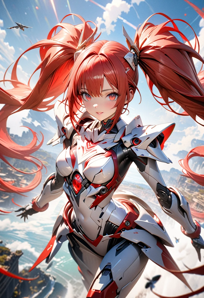 Ultra HD 3dCG concept art, A girl wearing robot armor holds a long sword and flies dynamically through the sky.1girl robot girl with long red hair in twin tails,Red and white mechanical barrette, Very detailed red eyes, Beautiful lips, Breathtakingly beautiful detailed skin,Red and white wearing flashy robotic armor, The stylish depiction and realism of the robot armor, the detailed depiction of the robot armor's mechanisms, the gloss and texture of the surface,(holding a long red and white sword:1.5). Accurate depiction of the hand holding the sword,The highly detailed patterns and shapes of the sword, the glow of the sword blade and the red beam emission effect from the blade,flying through a blue sky、(Dynamically flying through the sky:1.2)、Full-body view,High quality, high precision images,(masterpiece, best quality, 4k, 8k.:1.5). Ultra detail, ultra fine painting, 3D rendering, cinematic lighting, vivid color, professional photo resolution, award winning、