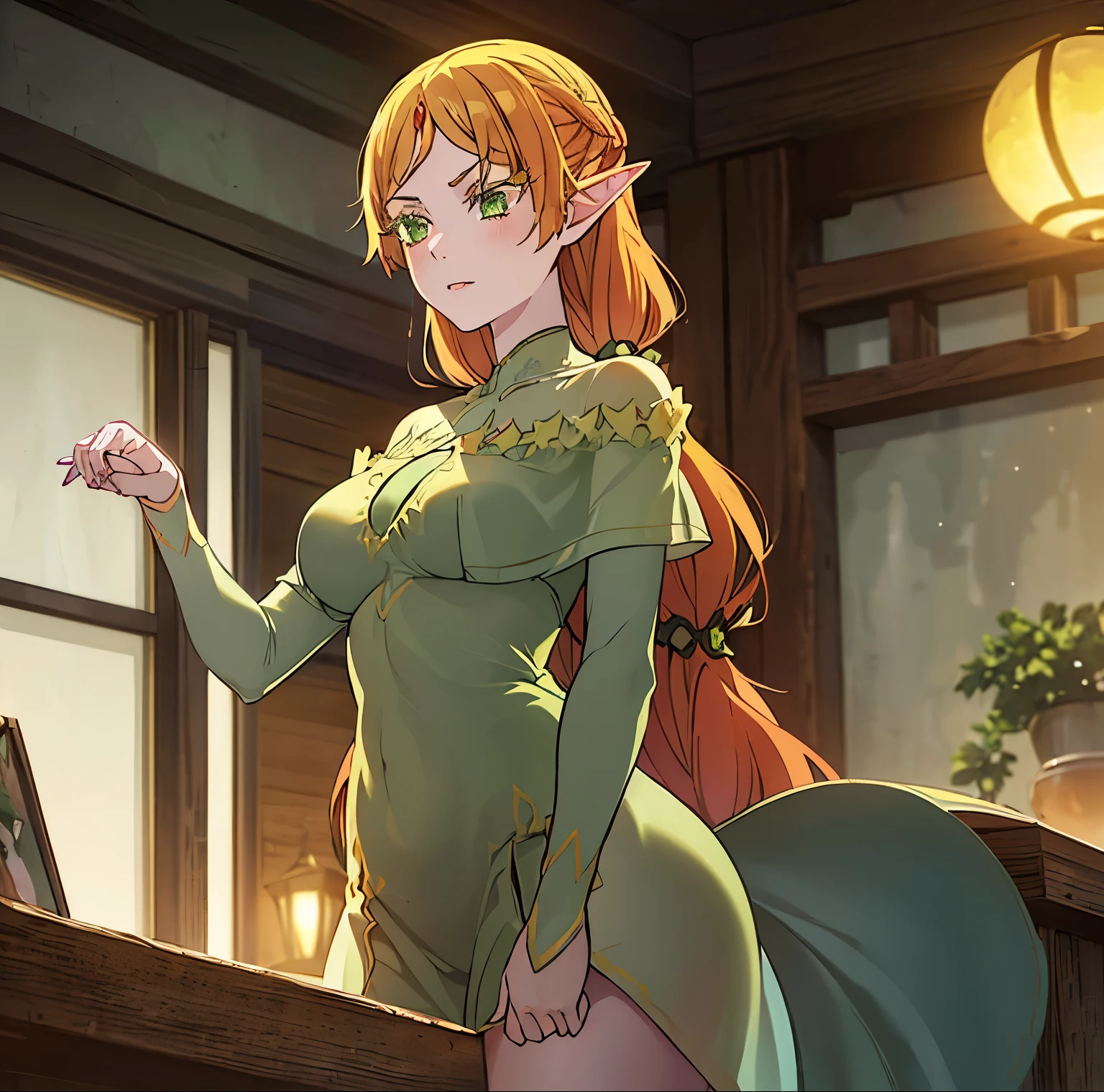 ((1girl)),((alone)),Sui tsundere elf,\(isekai ojisan\),(masterpiece), (best quality), (ultra detailed), (best illustration), (best shadow), (absurdities ), sharp focus, cowboy shot, atmospheric perspective, depth of field, dynamic posture, ((looking at viewer)), medium breasts, narrow waist, wide hips, wide thighs, round butt, erotic, romantic, (highly detailed eyes , lips 1.1), highly detailed eyes, eyes, Highly detailed face, Very pretty face, Symmetrical face, Aesthetic face, perfect face, perfect eyes, detailed eyelashes: 1.5), full height, beautiful slim figure, femininity, expressive appearance, breasts medium elastics, sexuality, parted lips, long hair, blonde hair, (green eyes: 1.5), pointed ears, elf, multicolored hair, jewel on the forehead, ((green dress: 1.4)), (transparent dress: 1.2), long sleeve (neckline: 1.4), bare legs: 1.3, green heels, curves, defined body, perfect and beautiful body, perfect and beautiful, closed mouth, mocking smile, embarrassed expression, (sexy pose: 1.2), ( (solo)), standing: 1.3,((interior, medieval landscape, inn, bed room, night, medieval village lights, town, moon)), Looking forward, ((focus on breasts: 1.4)) , point of view: (from the middle), perfect anatomy, perfect hands