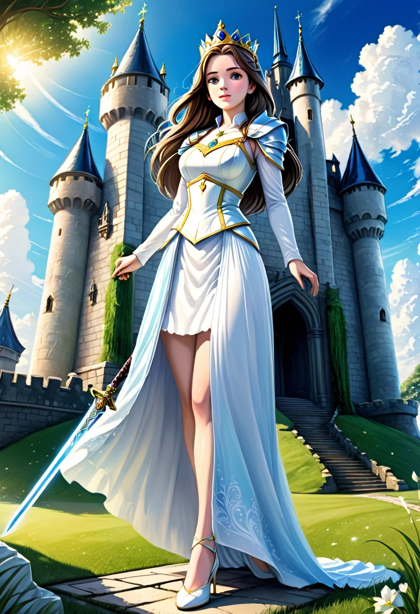 detailed illustration, dynamic angle, ultra-detailed, illustration, beautiful illustration, elegant illustration, human, 1girl, princess, sword, holy, spirits, ancestors, castle, blue sky, green grass, marble statues