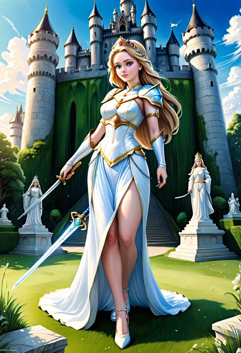 detailed illustration, dynamic angle, ultra-detailed, illustration, beautiful illustration, elegant illustration, human, 1girl, princess, sword, holy, spirits, ancestors, castle, blue sky, green grass, marble statues