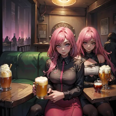 masterpiece, best quality, ((3 girls)), ((multiple women)), ((sitting beside girls)), sitting, ((club background)), pink hair, k...