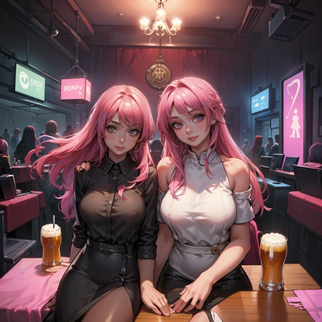 masterpiece, best quality, ((3 girls)), ((multiple women)), ((sitting beside girls)), sitting, ((club background)), pink hair, knowing look, smile, sultry eyes, trendy outfit, ((directly across from viewer)), ((table in front)), table, mug, beer, ((booth seating))